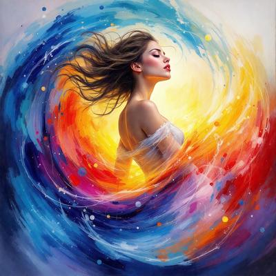 The primary subject of the image is a woman with long hair, who is the main focus of the scene. She is standing in front of a colorful, swirling background, which adds a vibrant and dynamic atmosphere to the image. The visual style of the image is a combination of digital art and illustration, creating a unique and eye-catching piece of art. The colors and mood of the image are predominantly blue and orange, which gives it a lively and energetic feel.